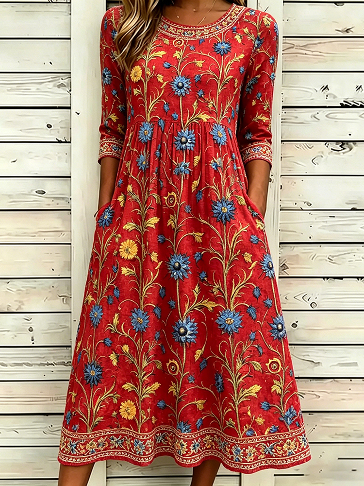 Comstylish Retro Medieval Floral Art Pattern Comfy Linen Maxi Dress