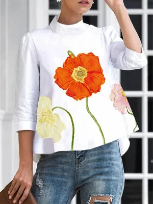 Image of High-low Loose Flower Print Split-Joint Stand Collar T-Shirts Tops