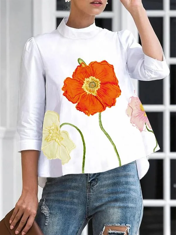 Loose Three-Quarter Sleeves Flower Print Split-Joint Stand Collar T-Shirts Tops