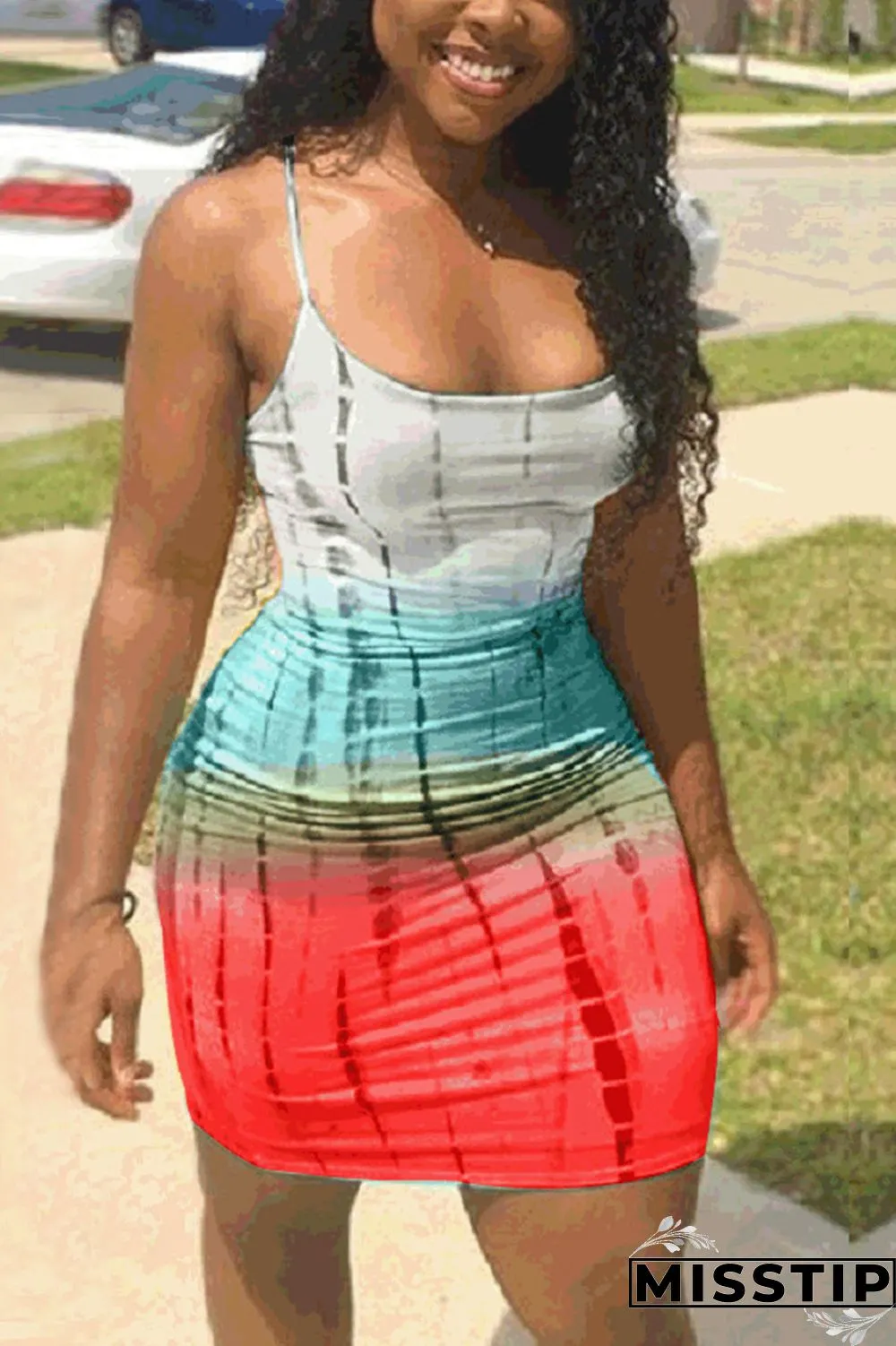 rose red Sexy Fashion Spaghetti Strap Sleeveless Slip Sheath Mini Geometric Rainbow