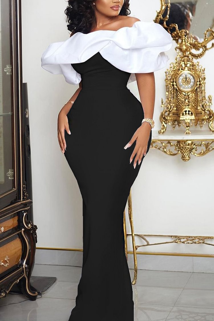 Xpluswear Plus Size Black Formal Satin Ruffle Off Shoulder Floor Length Maxi Dress [Pre-Order]