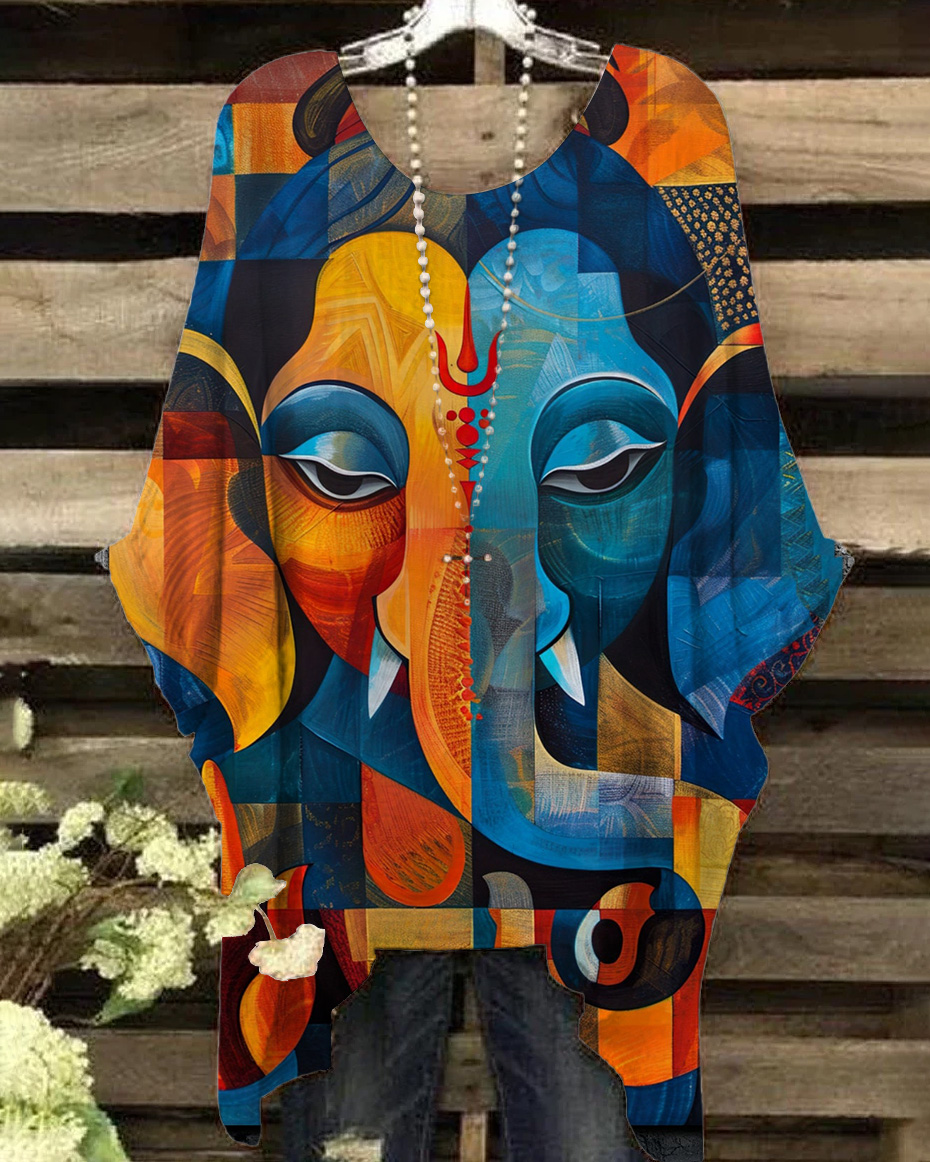 Geometric Elephant Printed Batwing Sleeve Blouses