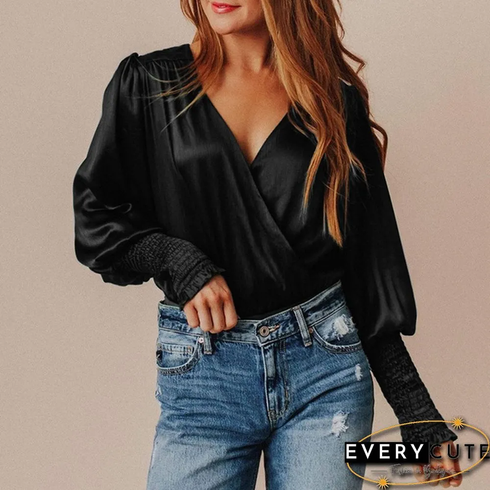 Womens Long-Sleeve Neck Blouse Spring/Autumn Elegant Casual Silk Shirt Ladies Pleated Tops