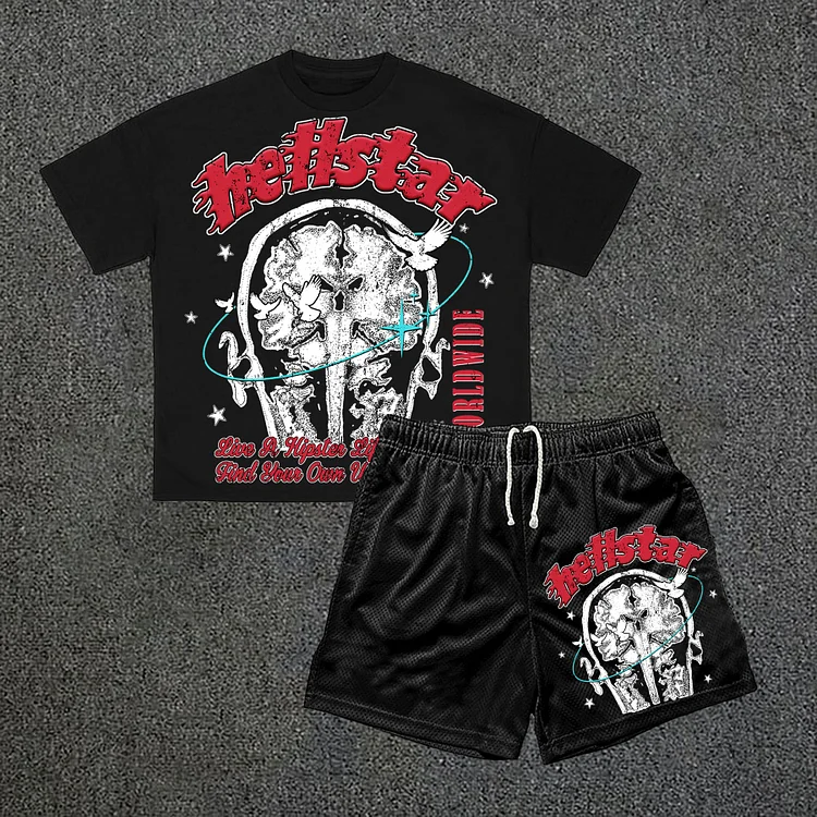 Hellstar Personalized Street Skull Print Short Sleeve Tee & Shorts Two Piece Set