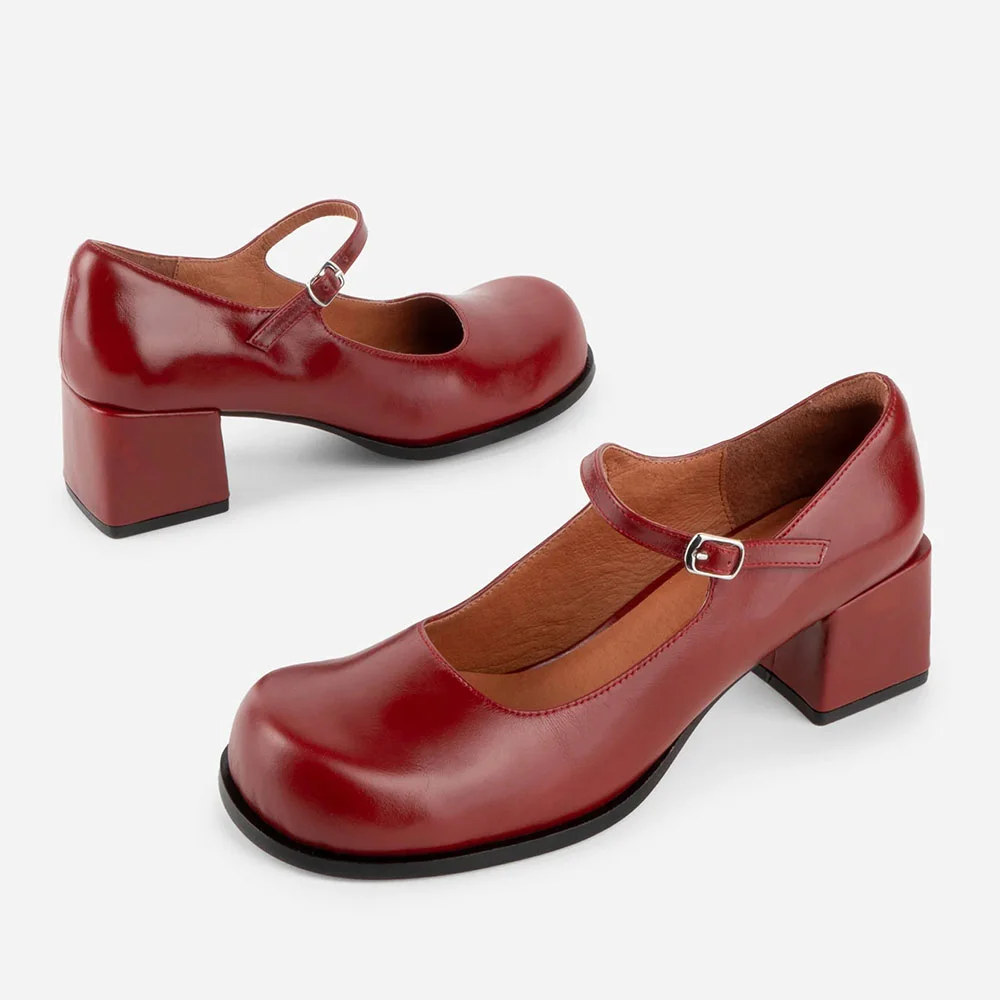 Vegan Leather Round Toe Buckled Women Mary Jane Shoes in Maroon