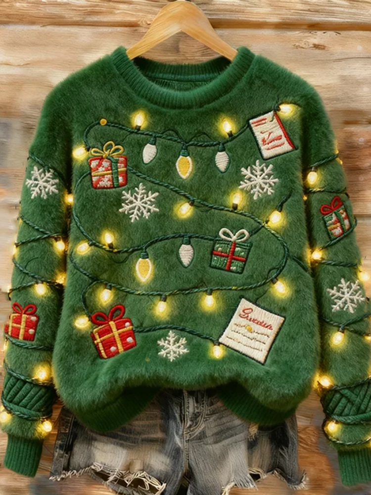 Green Christmas Tree Flannel Crew Neck Sweater elevenforest