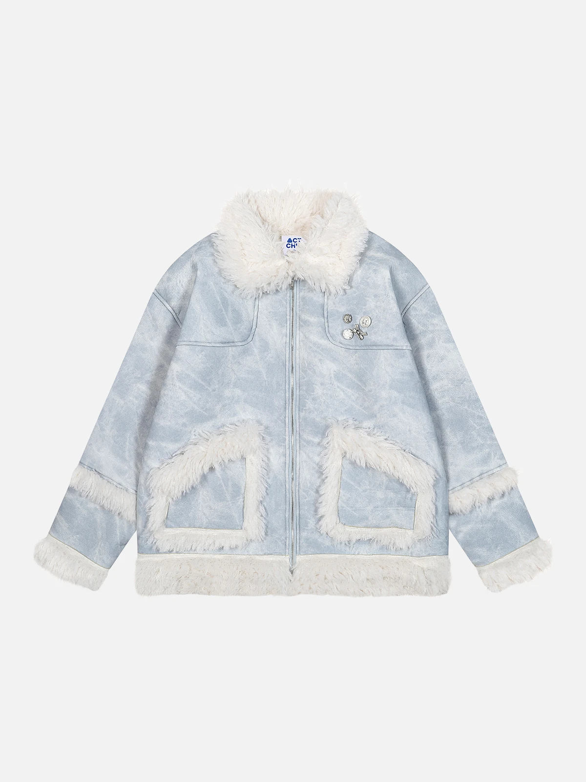 Blue Act Chic Plush Patchwork Washed Coat Front