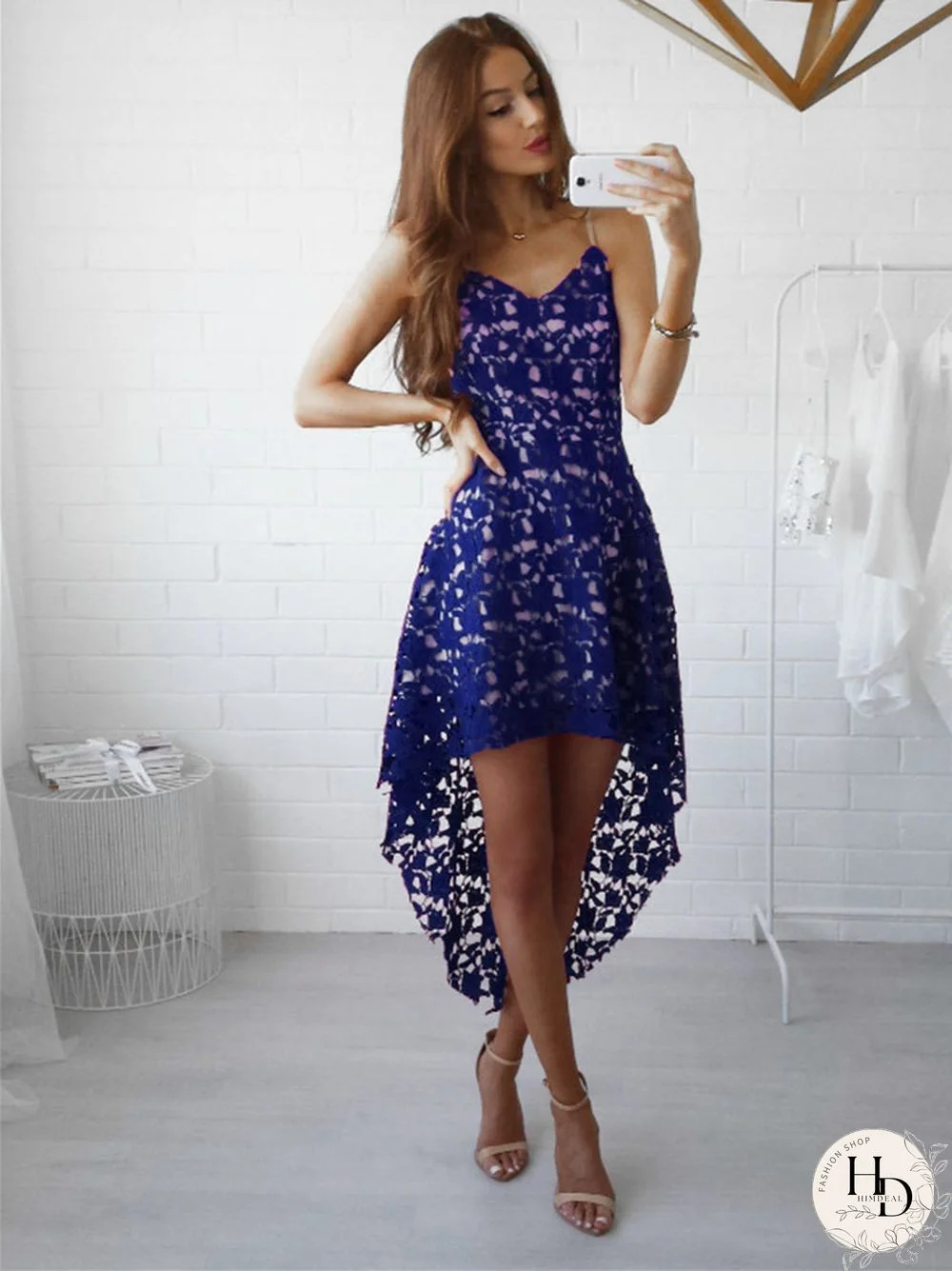 Solid Color Cutout Irregular Lace V-neck Dress