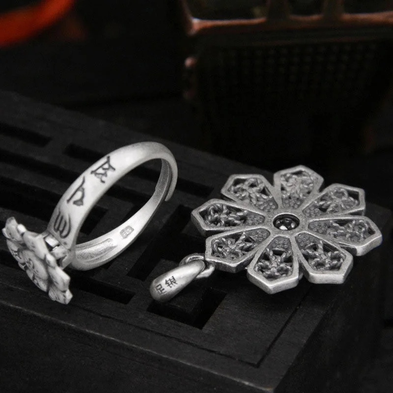 Om Mani Padme Hum Lotus 999 Sterling Silver Swastika Purity Rotatable Necklace Ring