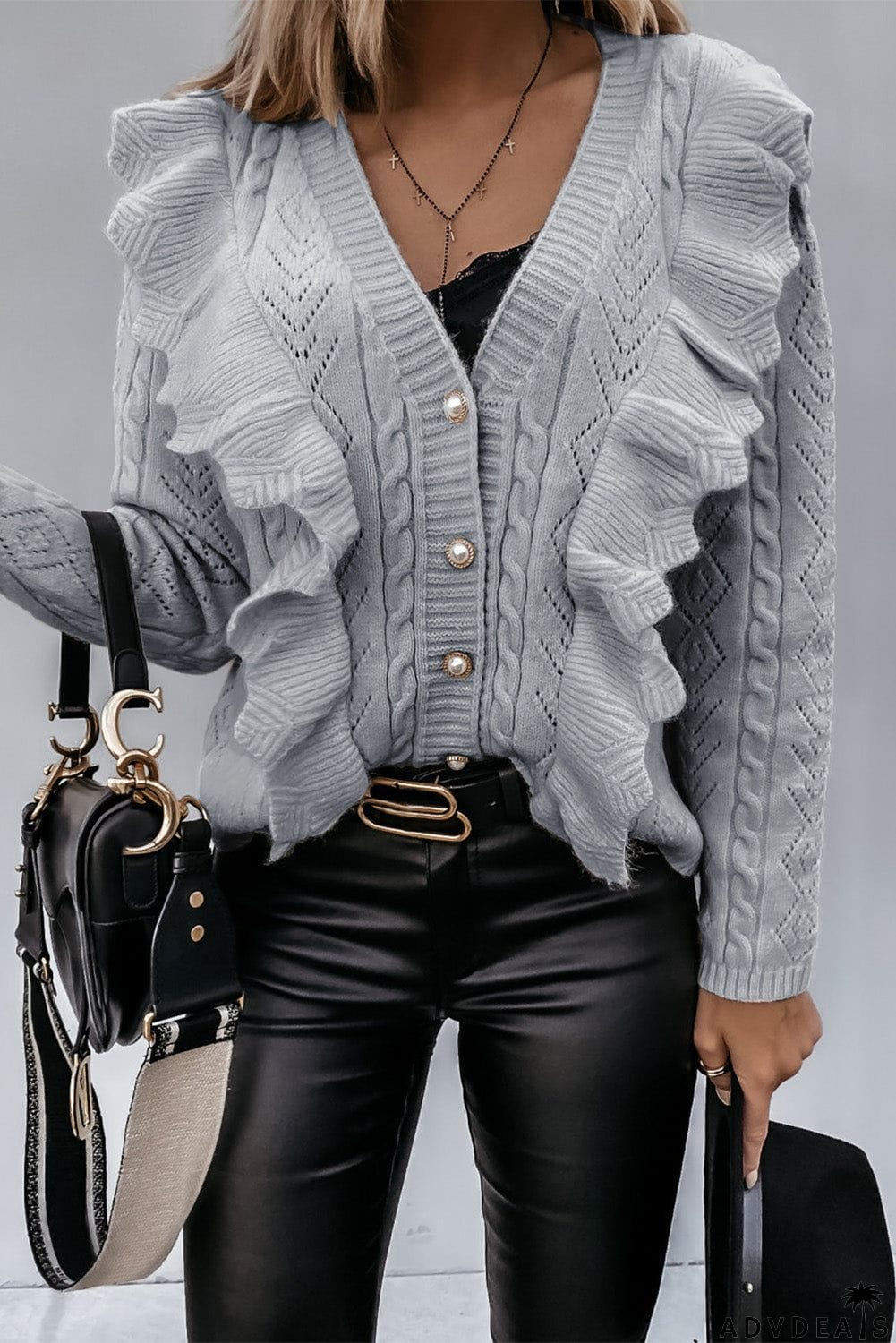 Ruffled Buttoned Open Front Knitted Sweater
