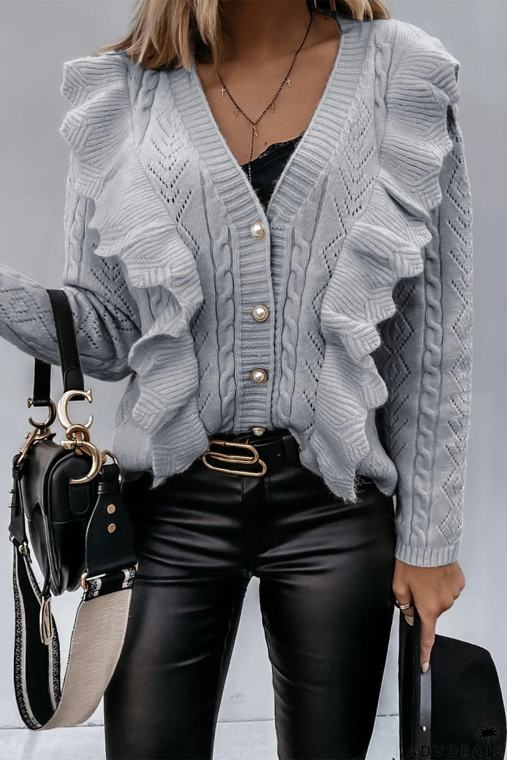 Ruffled Buttoned Open Front Knitted Sweater