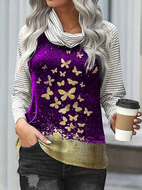 Women Long Sleeve Scoop Neck Striped Stitching Top