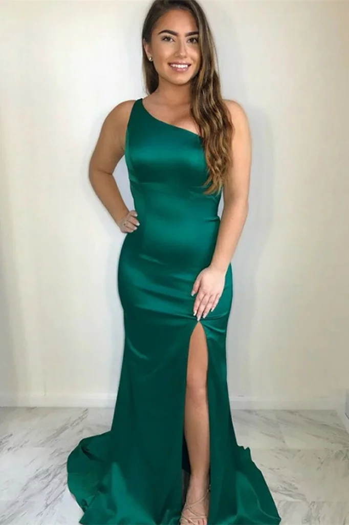 Dark Green One Shoulder Mermaid Prom Dress With Slit - lulusllly