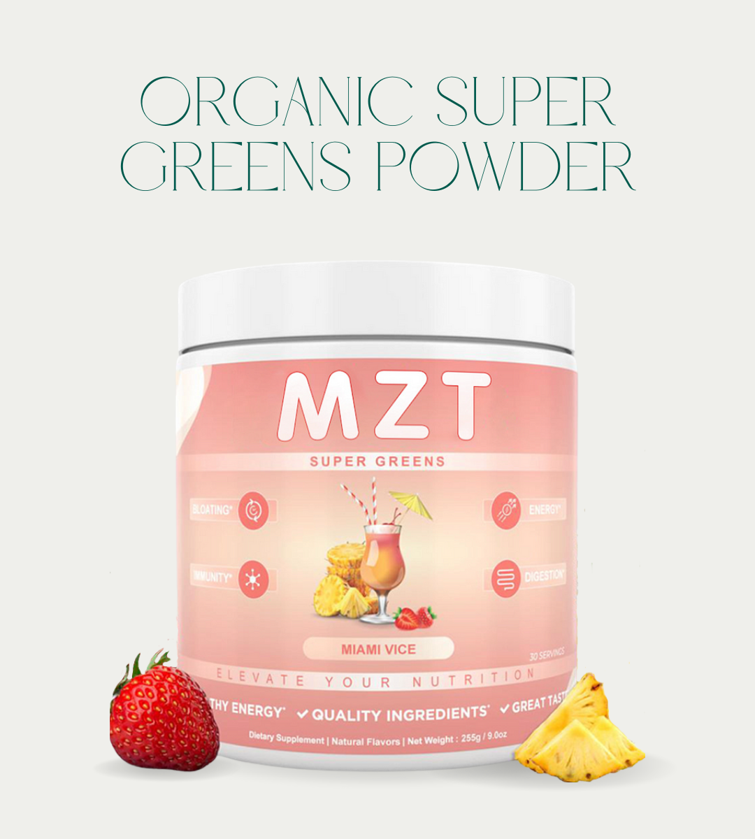 Organic Super Greens Powder with Spirulina & Chlorella – Boost Digestion, Gut Health, Immunity & Energy | Vegan | Miami Vice