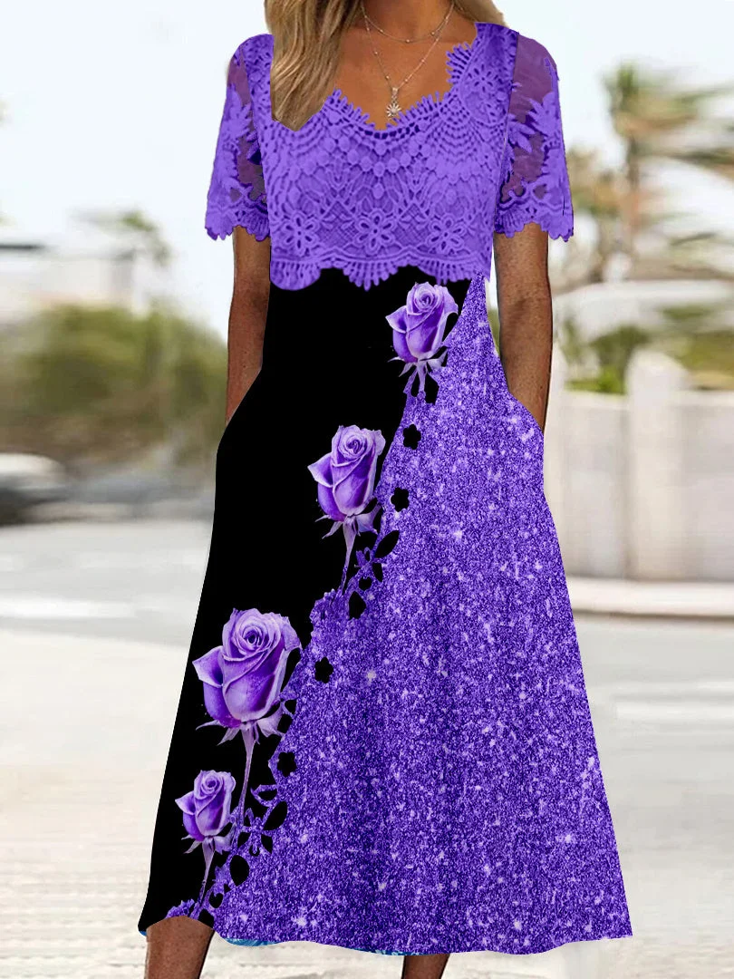 Women's Short Sleeve V-neck Floral Printed Graphic Lace Midi Dress