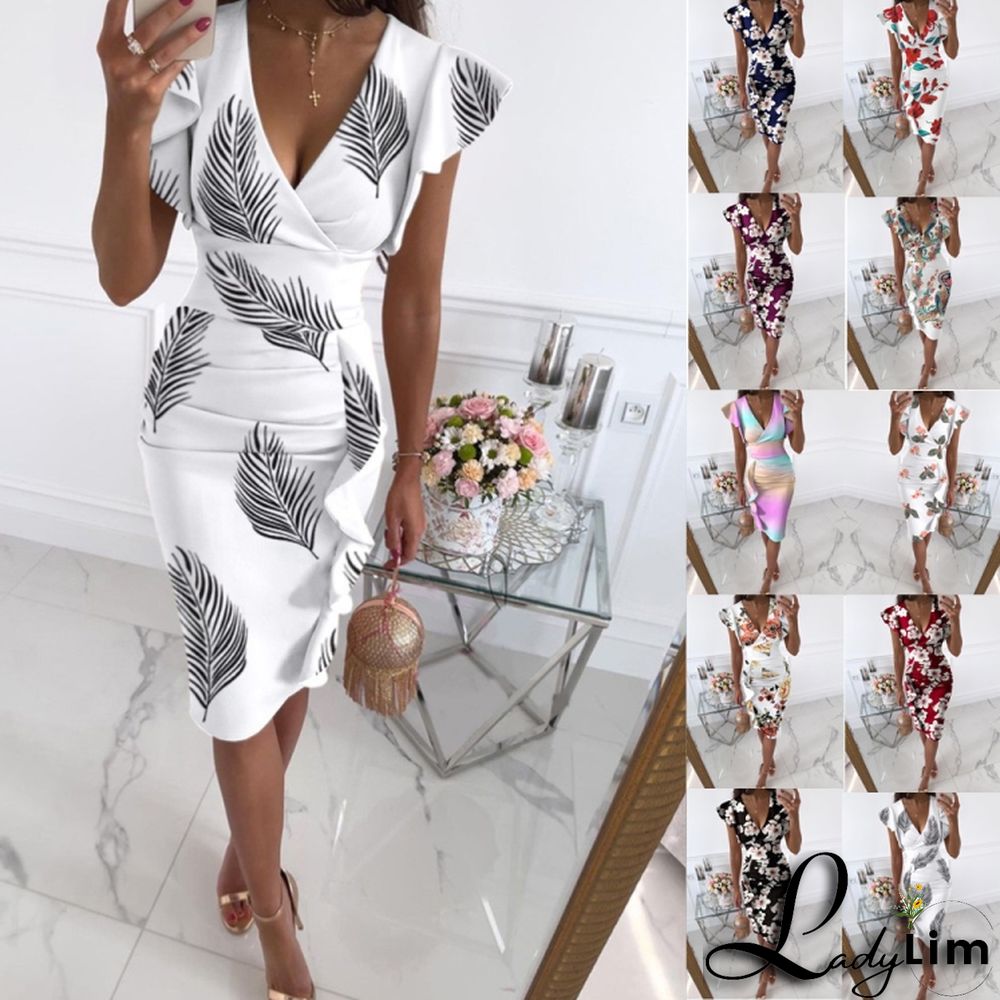 Summer Elegant Print Deep V Neck Ruffles Short Sleeve Midi Dress
