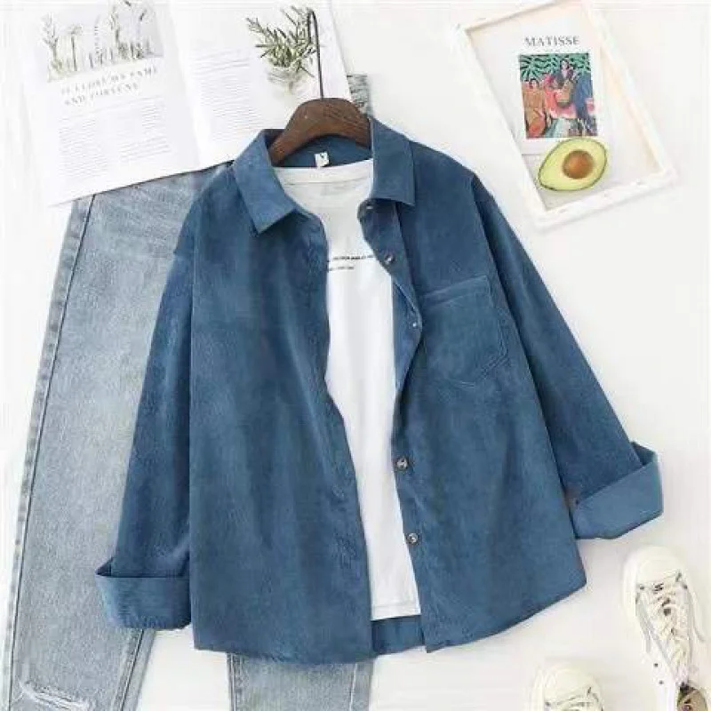 Uveng Uveng Smog Haze Blue Salt Outside Wearing Wicked Shirt Women's Spring And Autumn Design Hongfeng Lady Solid Color Shirt Loose