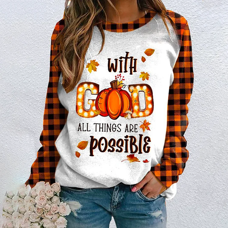 Wearshes Halloween Casual Letter Plaid Print Pullover Sweatshirt