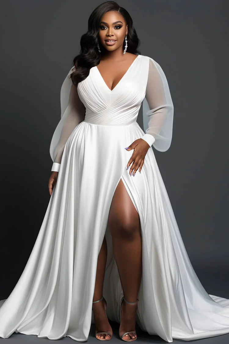 Xpluswear Design Plus Size Wedding White Elegant V Neck Puff Sleeve Long Sleeve Split See Through Satin Maxi Dresses [Pre-Order]