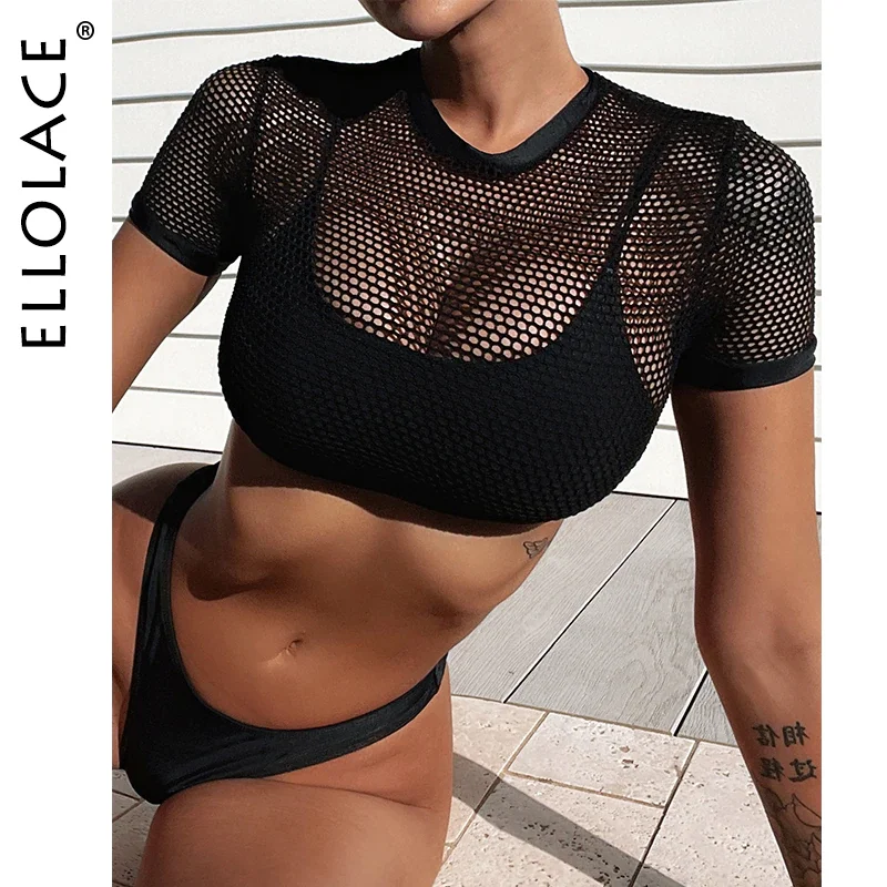 Billionm Ellolace Swimwear With Mesh Tops Swimsuit 2022 New Bikini Set Black Solid Feminine Bikinis Separate Bathing Suit Beach Outfits