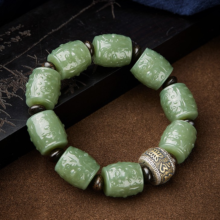 High Standard Authentic Hetian Jade Bracelet For Men with Fine Carvings Perfect Gift for Him a Unique and Personalized Jewelry for Men Symbolic of Buddhism's Six-Character Mantra