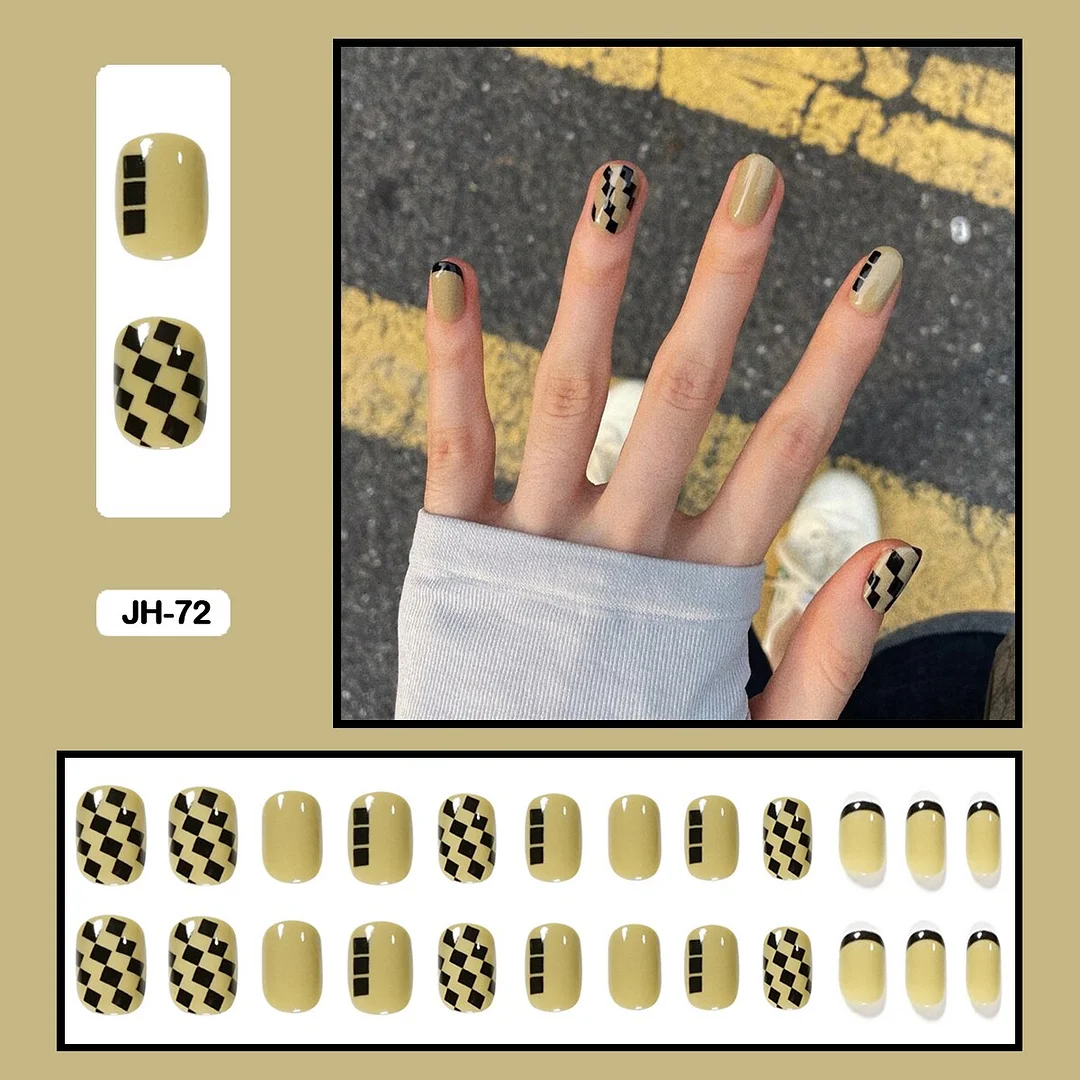 24pcs/box Classic Checkerboard Pattern Geometric Simplicity Nail Art Short False Nails With Glue Fake Nails With Wearing Tools-Nail Inspo