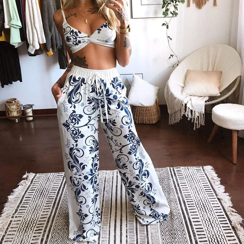 Women's Printed Wide Leg Pants Two Piece Set