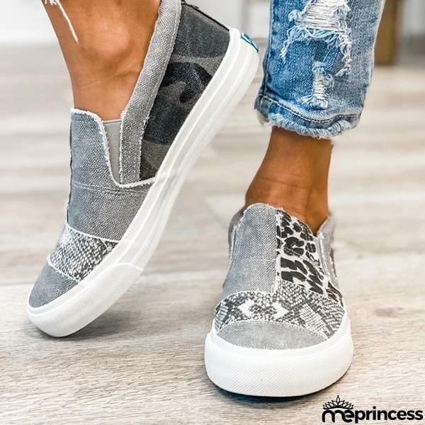 Lydiashoes Pieced Raw Edge Animal Print Canvas Slip-On Flats