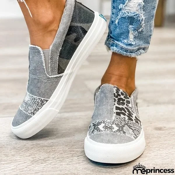 Lydiashoes Pieced Raw Edge Animal Print Canvas Slip-On Flats