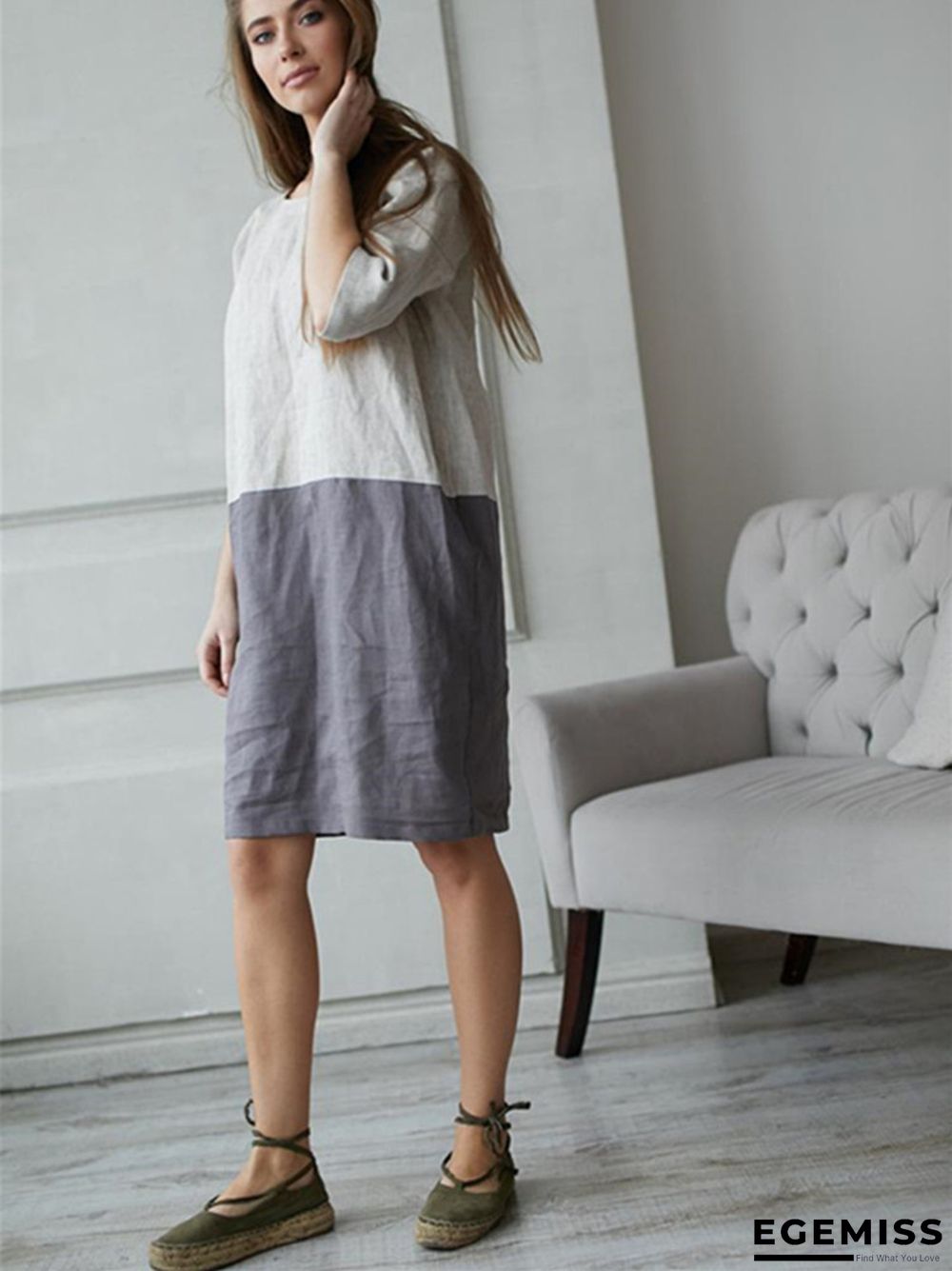 Loose Solid Color Cotton Linen Patchwork Dress Round Neck Seven Sleeve Skirt Waist | EGEMISS