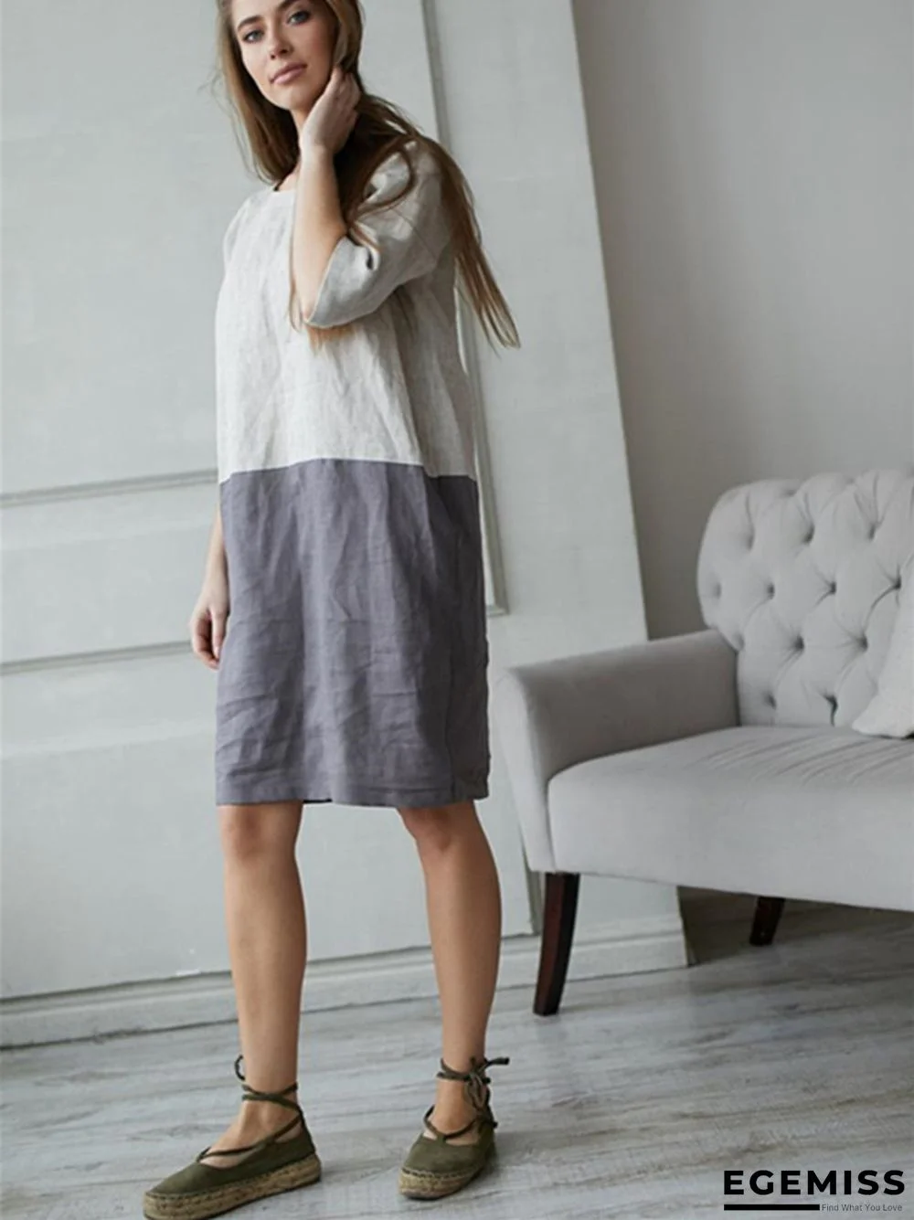 Loose Solid Color Cotton Linen Patchwork Dress Round Neck Seven Sleeve Skirt Waist | EGEMISS