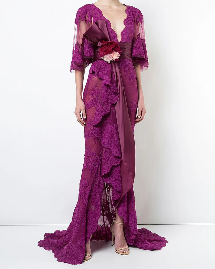 Lace mesh maxi dress V-neck