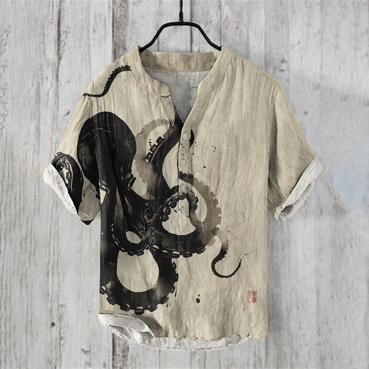 Japanese Art Octopus Print Painting Art Linen Button Shirt