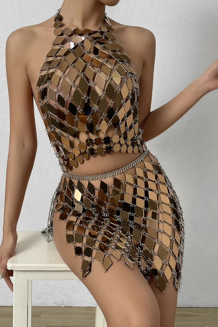 Casual Acrylic Cami Top Chainmail Dress Set-Gold