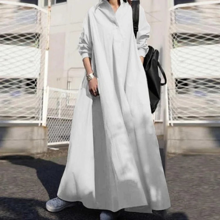 Women's Long Sleeve Lapel Cotton And Linen Maxi Dress 