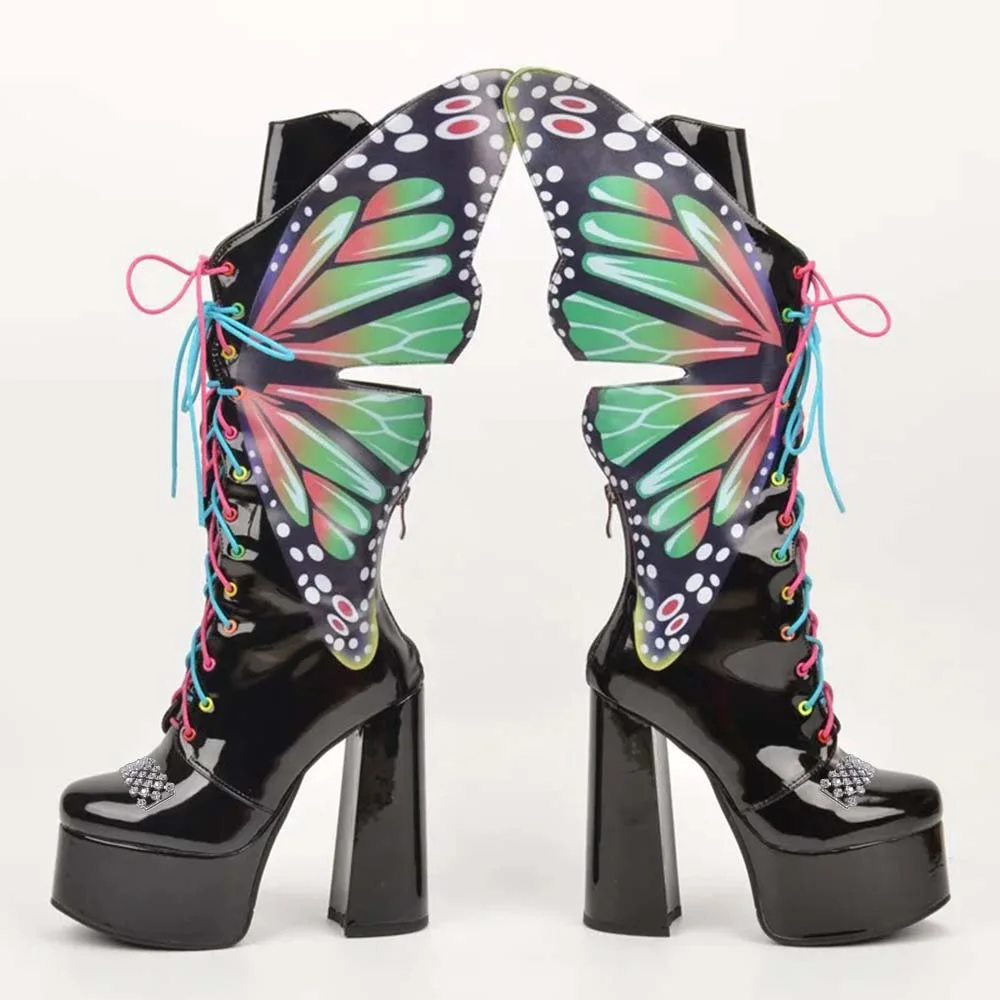 Butterfly Knee Boots Black Leather Platform Chunky Heels With Colorful Straps Nicepairs