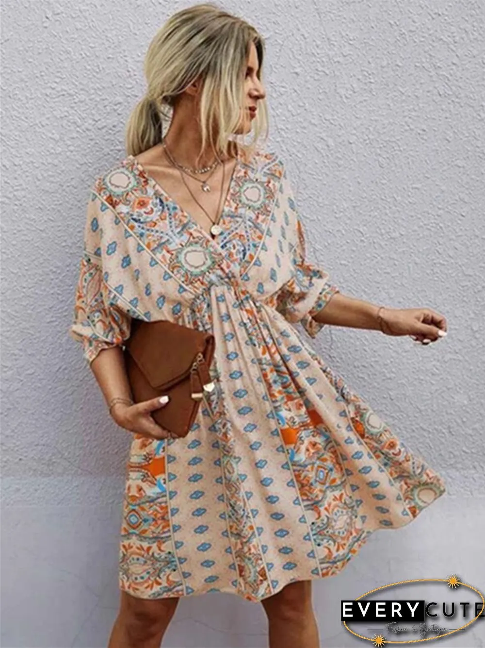 V-neck Waist Print Dress Print Dresses