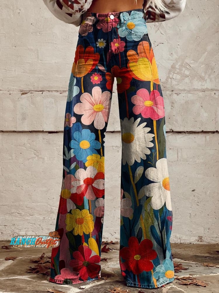 Women’s Colorful Flower Geometric Pattern Print Casual Wide Leg Pants Multicolor / Xs