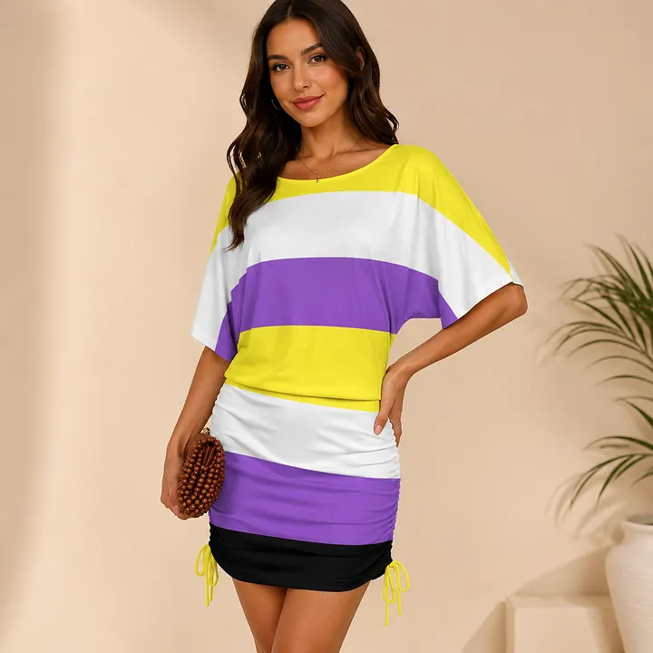 non bodycon dress SFneewho® Binary Pride Flag Yellow White Purple Black Color Block Ruched Side Women Batwing Sleeve Night Out Mini Dress DAZY Women's Lace Patchwork