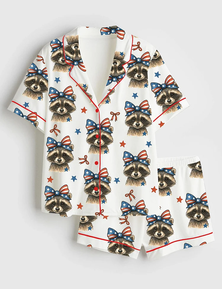 Women&rsquo;s 4th Of July America Funny Cute Baby Highland Cow Print Short Sleeve Satin Pajama Set