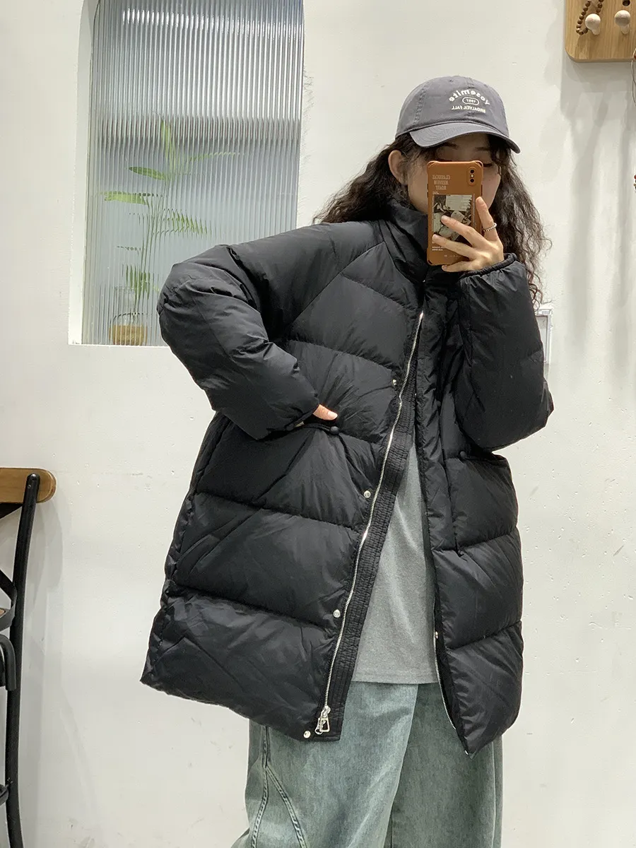 Uveng Pinghu Down Jacket Female 2024 Winter New Thickened Stand Collar Long Button Warm White Duck Down Coat Tide