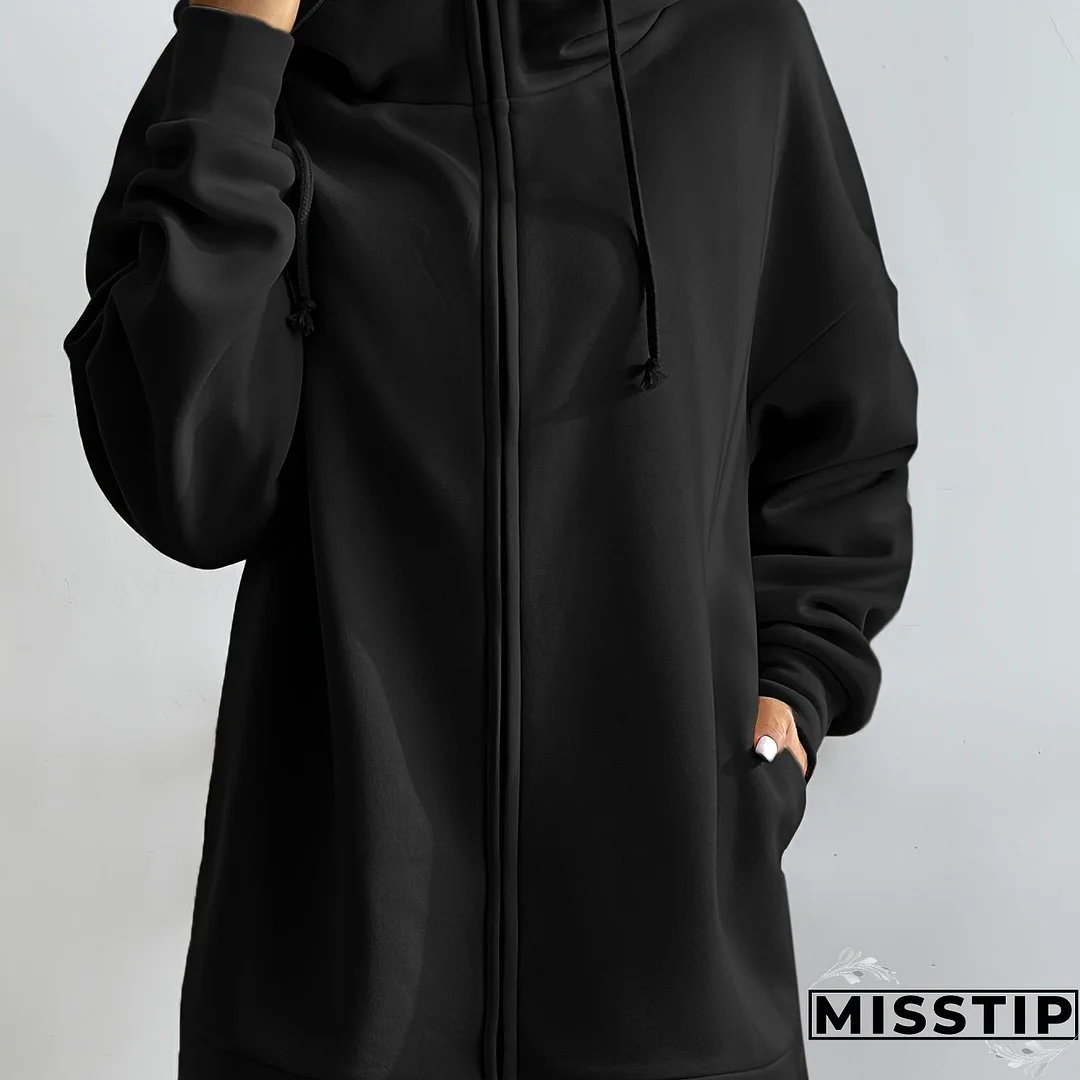Solid Color Casual Sports Hooded Zipper Sweatshirs, Long Sleeve Drawstring Hoodie, Women's Sporty Sweatshirts