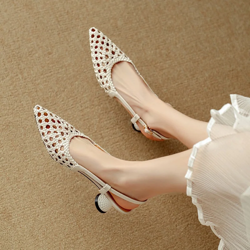 Women's Kitty Heel Woven Leather Point Toe Slingback Pumps Sandals