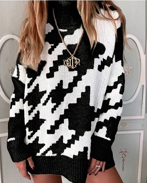 Women Knitted Sweater Fashion y2k Long Sleeve Autumn Winter Oversized Pullover Ladies Turtleneck Houndstooth Tops Clothes Mujer