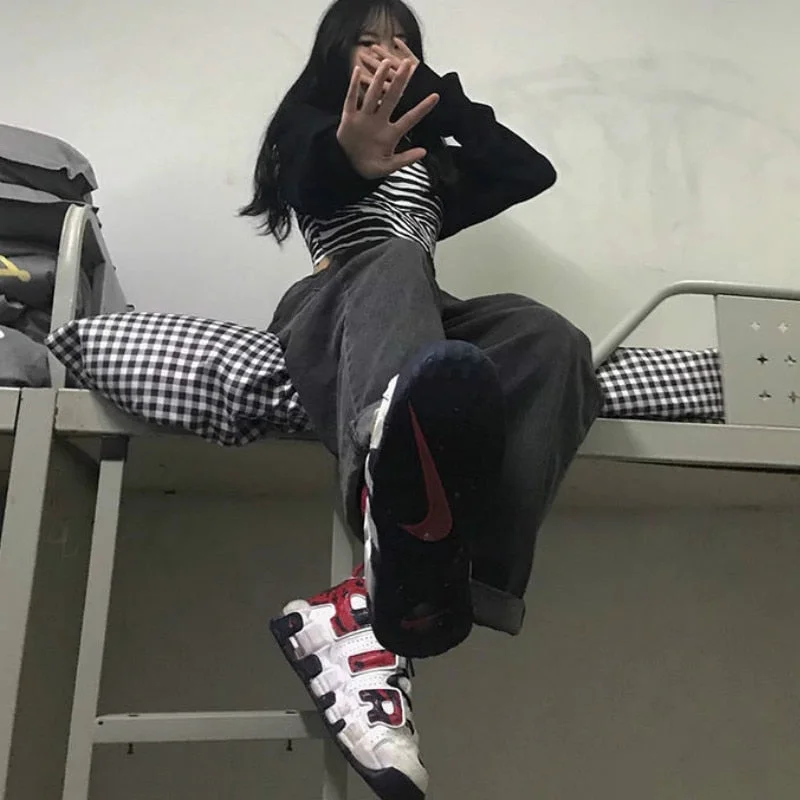 Women Jeans Vintage Adjustable High Waist BF Oversize Wide Leg Trousers Autumn New Ins All-match Streetwear Retro Korean Chic