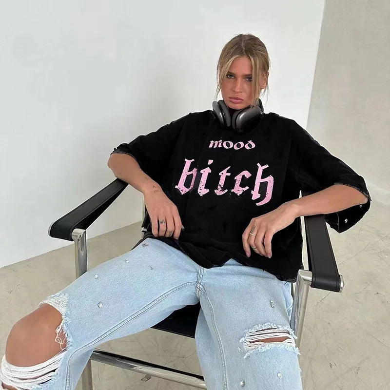 Athvotar Athvotar Do Old Water Washing Letter Design Printing Short-Sleeved Women's Spring And Summer Loose Round-Neck T-Shirt Lazy Wind