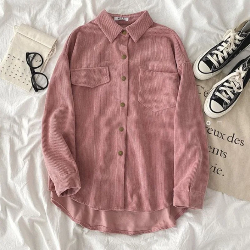 Zoki Harajuku Corduroy Women Shirt Jackets Autumn Long Sleeve Thin Coats Casual Vintage Pocket Female Button Up Overcoats 2021