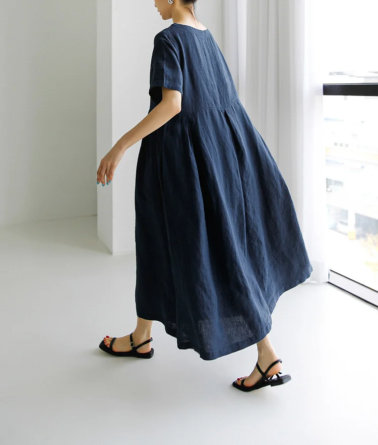 Loose Cotton Linen Short Sleeve Maxi Dress - yankia