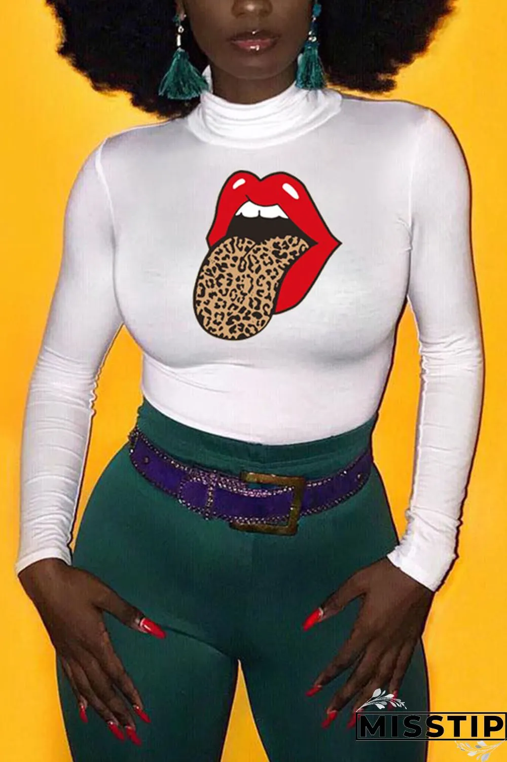 Pink Fashion Print Turtleneck Tops