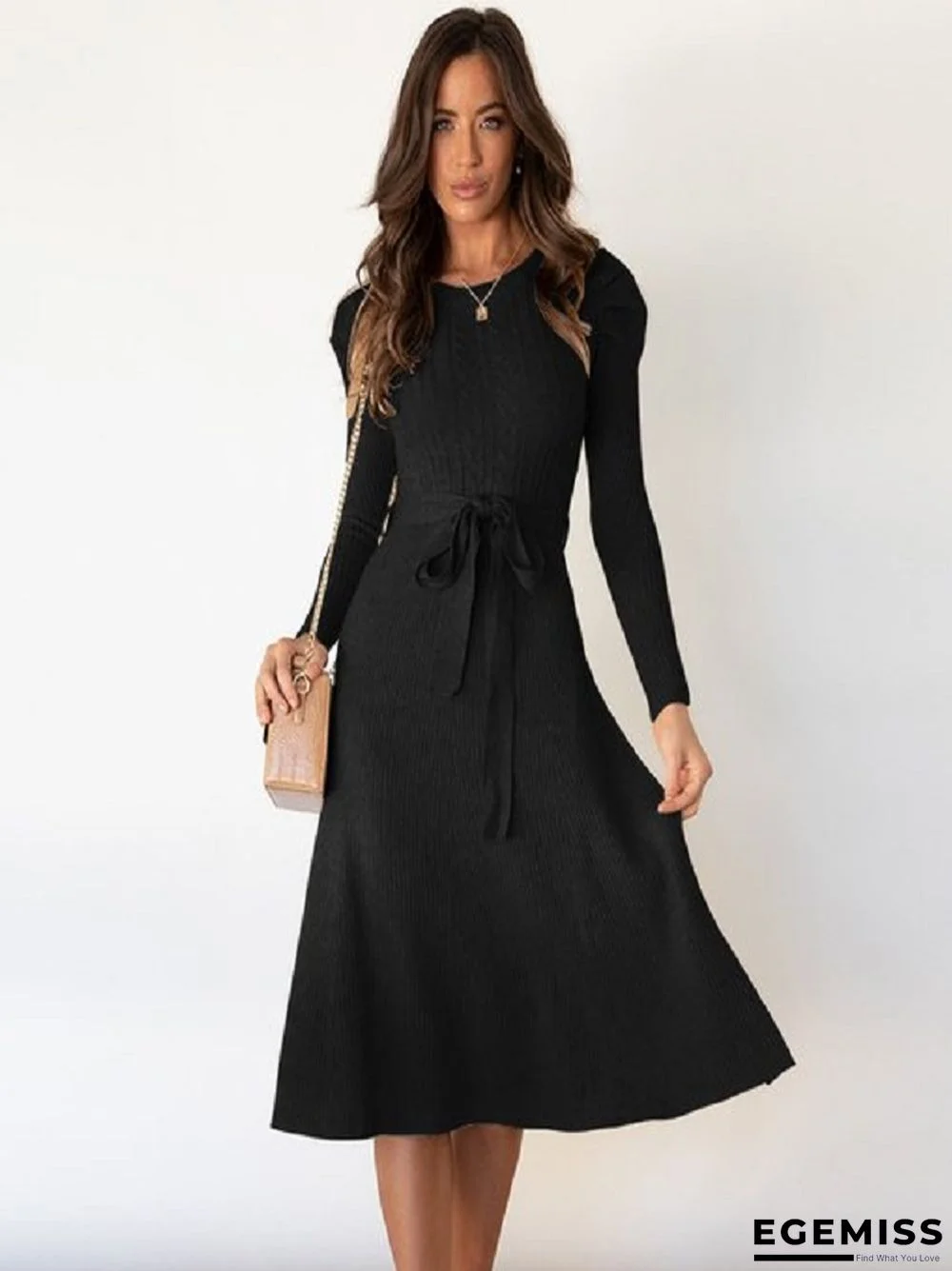 Bubble Long Sleeve Bottoming Knit Sweater Dress Black Dresses | EGEMISS